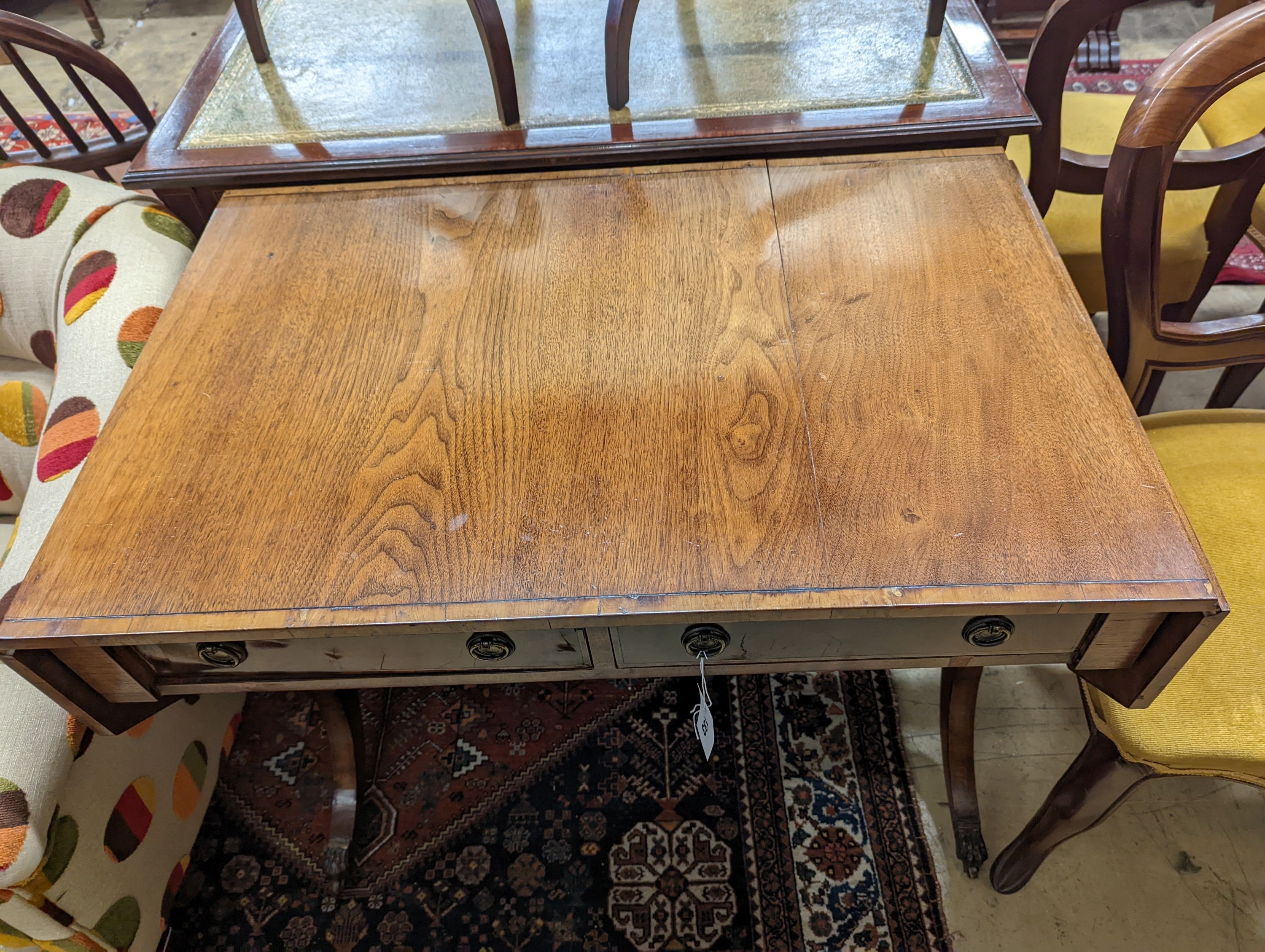 A Regency style banded mahogany sofa table, width 86cm, depth 56cm, height 72cm